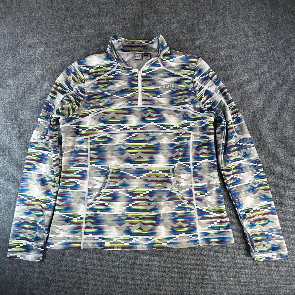 Fila Sport Womens XL Quarter Zip Pullover Geometric Print Thumbhole Fleece Top